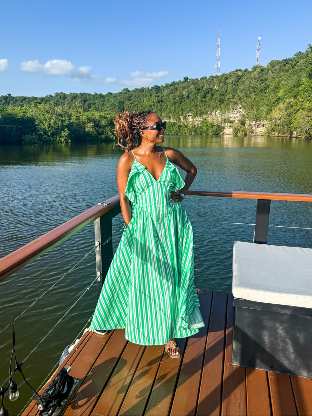 ARRANGE Cotton Frill Detail Open Back Green Stripe Dress